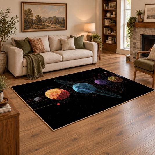 black colorful solar system planets area rug, angled room view