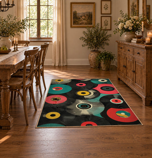 colorful retro vinyl records music area rug, featured room view