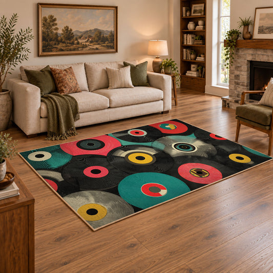 colorful retro vinyl records music area rug, angled room view