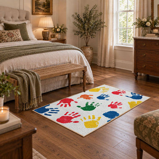 white rainbow colorful handprint area rug, featured room view