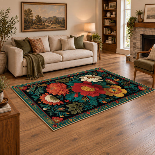 dark teal colorful folk floral garden area rug, angled room view