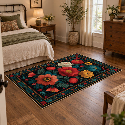 dark teal vibrant folk floral area rug, featured room view