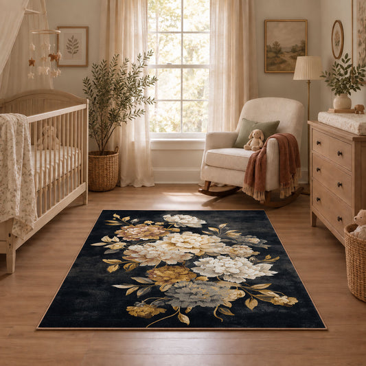 charcoal ivory peony botanical floral area rug, featured room view