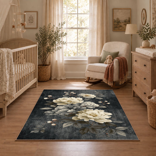 dark gray white peony elegant floral area rug, featured room view