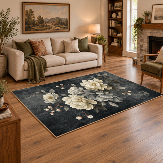 dark gray white peony elegant floral area rug, angled room view