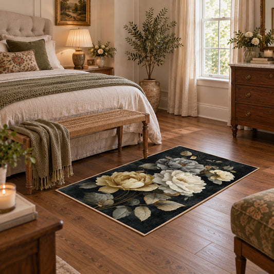 charcoal cream garden rose floral area rug, featured room view