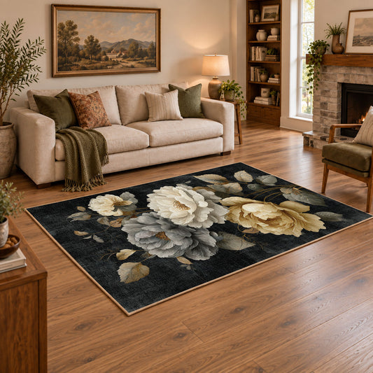charcoal cream garden rose floral area rug, angled room view