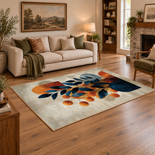 cream blue orange modern botanical abstract area rug, angled room view