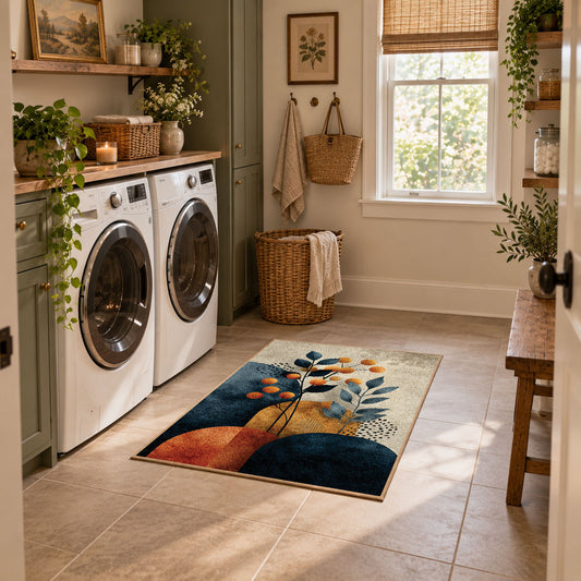 teal orange modern botanical geometric area rug, featured room view