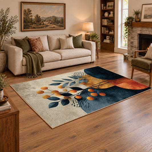 teal orange modern botanical geometric area rug, angled room view