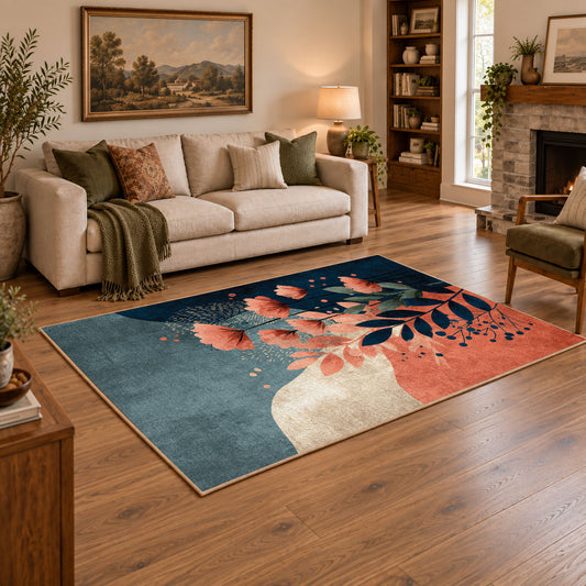 blue coral navy modern botanical abstract area rug, angled room view