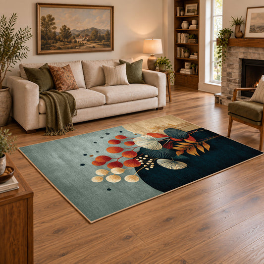 pale blue teal orange botanical abstract area rug, angled room view