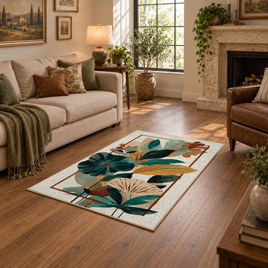 cream teal tropical leaf geometric area rug, featured room view