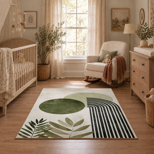 white olive circle rainbow minimalist abstract area rug, angled room view