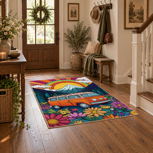 colorful retro road trip van rainbow floral area rug, featured room view