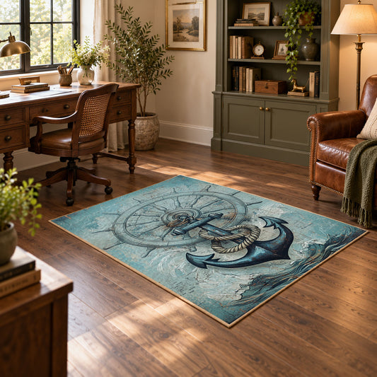 turquoise coastal anchor ship wheel nautical area rug, featured room view