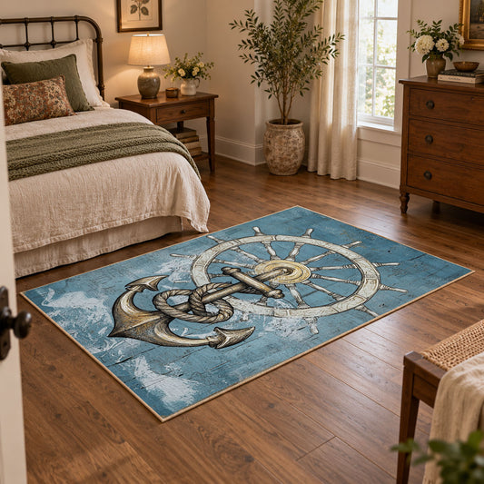 blue coastal ship wheel anchor nautical area rug, featured room view