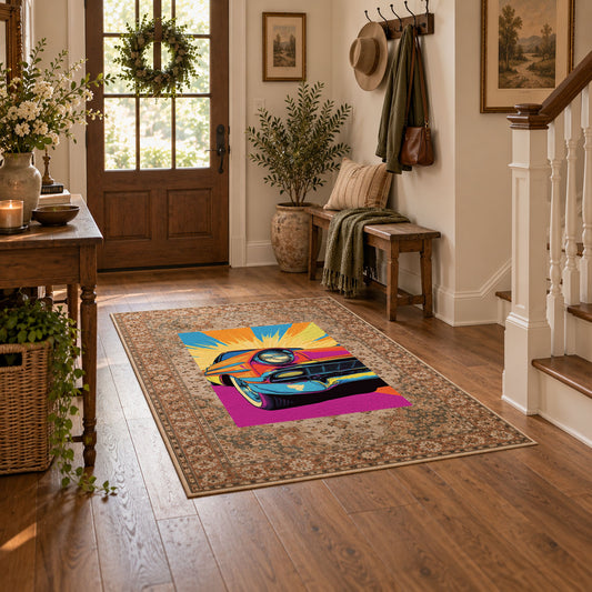 brown traditional border retro motorcycle pop art area rug, featured room view