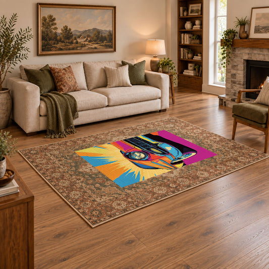 brown traditional border retro motorcycle pop art area rug, angled room view