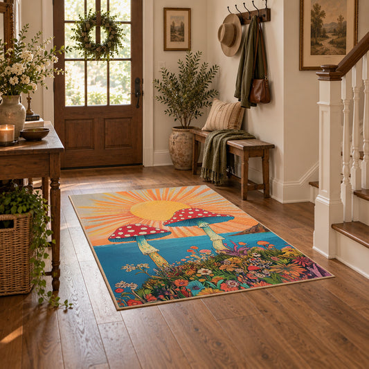 orange teal mushroom sunrise psychedelic area rug, featured room view