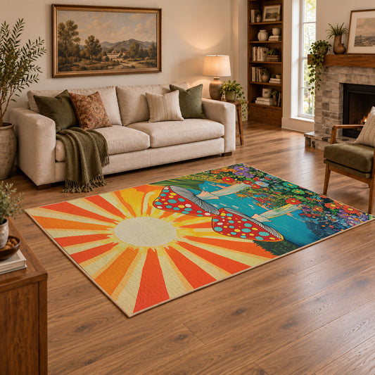 orange teal spotted mushroom sunburst retro area rug, angled room view