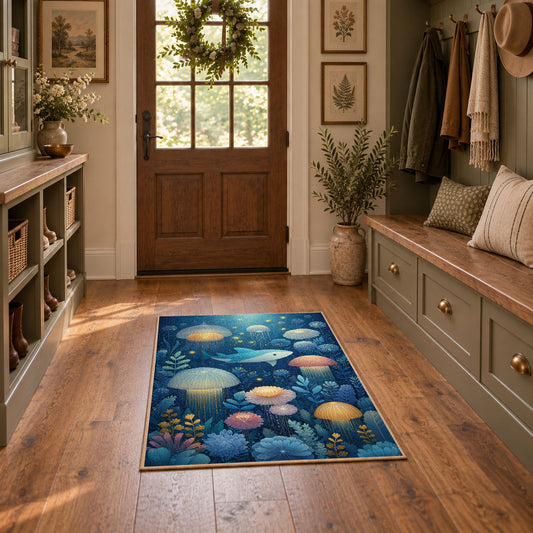 blue colorful solar system planets cosmic area rug, featured room view