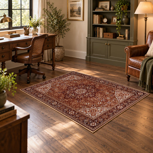 rust brown Persian medallion traditional vintage area rug, featured room view