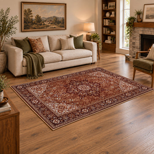 rust brown Persian medallion traditional vintage area rug, angled room view