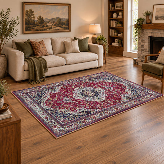 burgundy ivory Persian medallion traditional area rug, featured room view