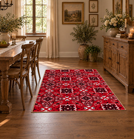 red tribal geometric Persian traditional area rug, featured room view