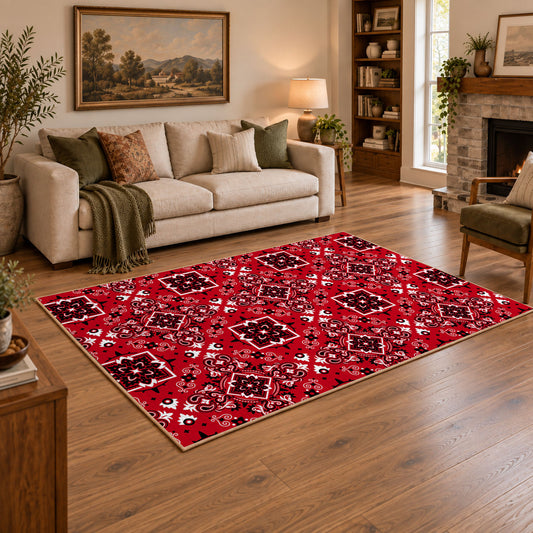 red tribal geometric Persian traditional area rug, angled room view