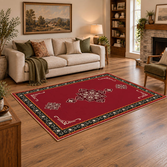 red nomadic medallion minimalist traditional area rug, angled room view