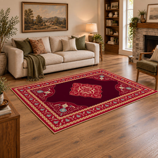 ruby red Persian panel traditional vintage area rug, angled room view