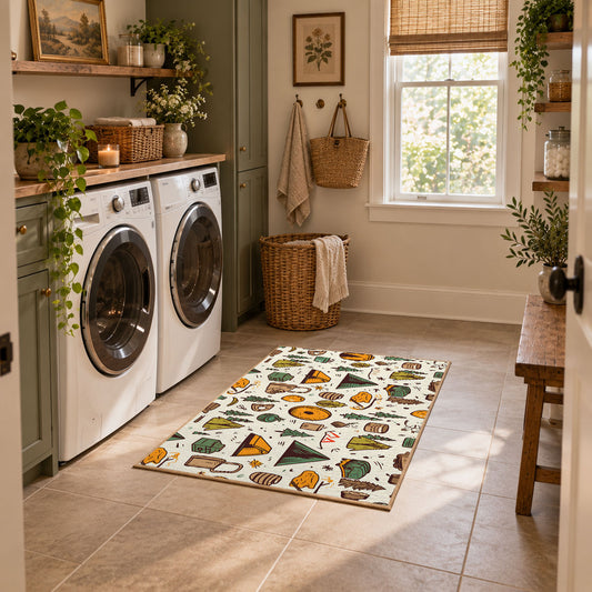 cream colorful camping gear pattern outdoor area rug, featured room view