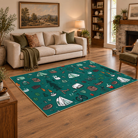 teal colorful camping equipment outdoor pattern area rug, angled room view