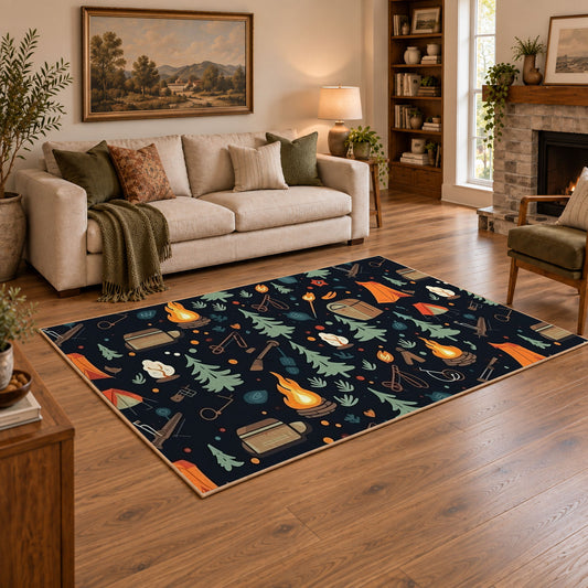 navy campfire outdoor gear camping area rug, angled room view
