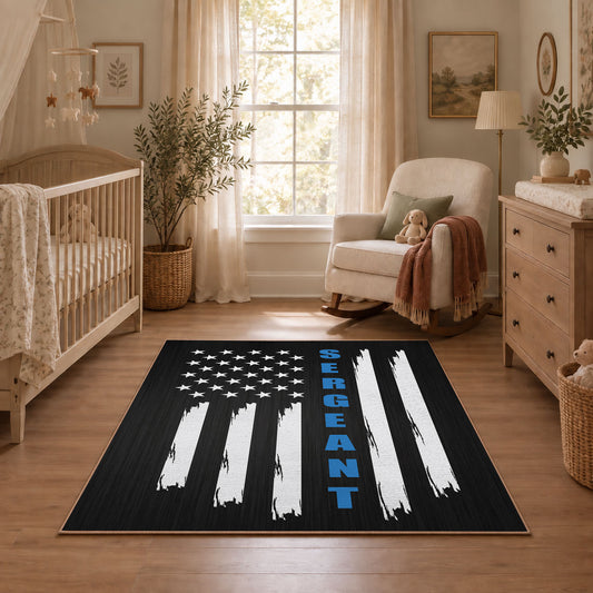 black white blue stripe American flag patriotic area rug, featured room view