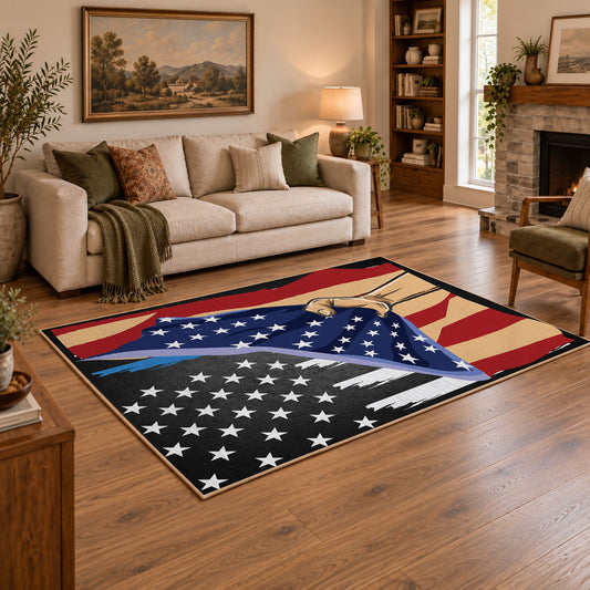 red blue patriotic American flag veteran area rug, angled room view