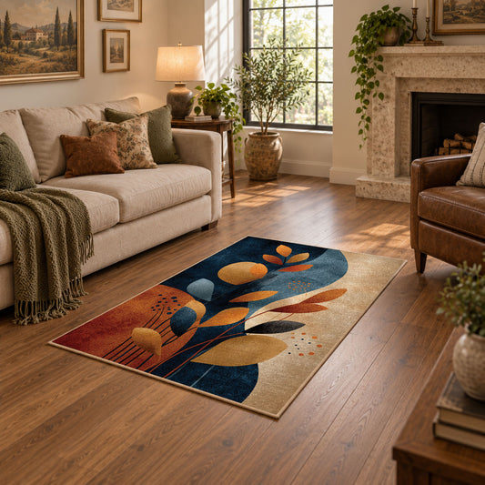 cream navy orange botanical shapes modern abstract area rug, featured room view