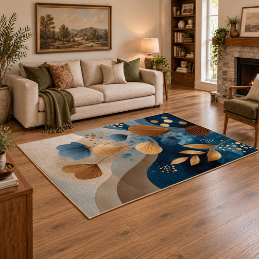 cream blue botanical circles modern abstract area rug, angled room view