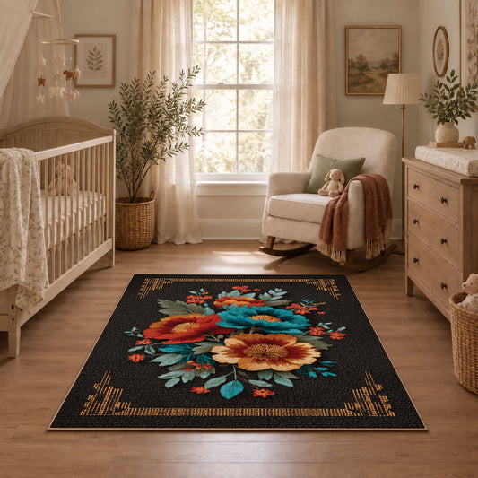 black red teal folk floral traditional border area rug, featured room view