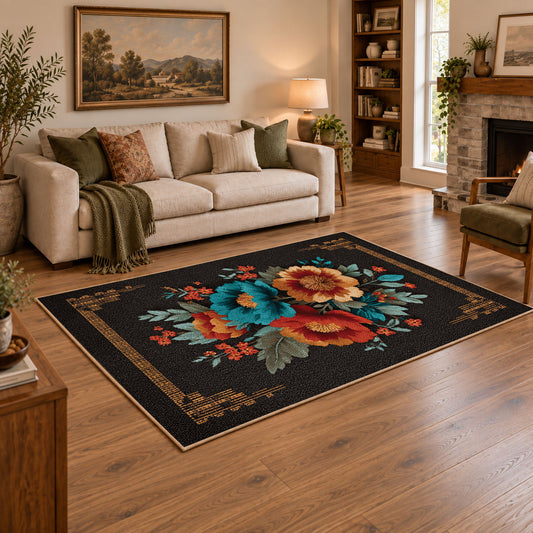 black red teal folk floral traditional border area rug, angled room view