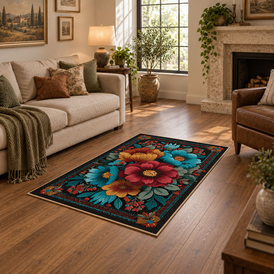 black teal red folk floral garden ornate area rug, featured room view