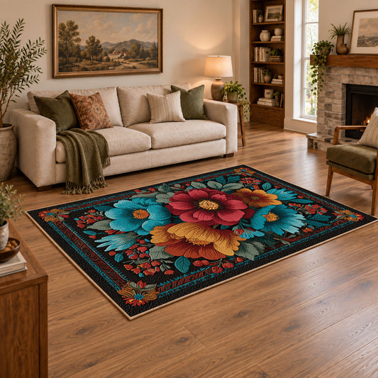 black teal red folk floral garden ornate area rug, angled room view