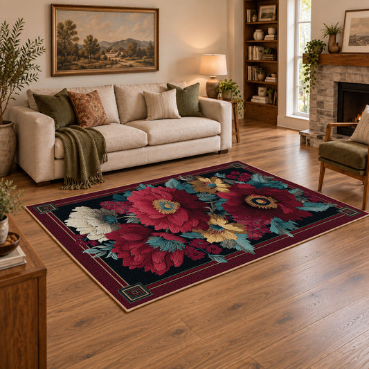burgundy poppy floral vintage traditional area rug, featured room view