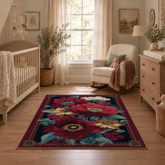 burgundy poppy floral vintage traditional area rug, angled room view