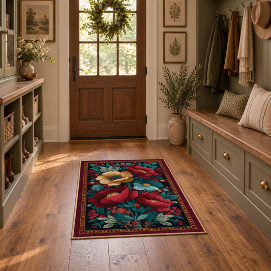 burgundy red teal folk floral traditional area rug, featured room view