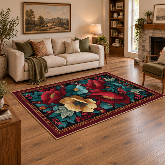 burgundy red teal folk floral traditional area rug, angled room view