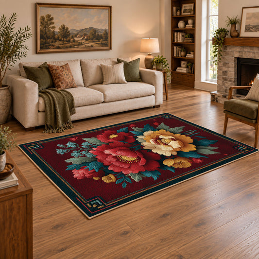 dark teal crimson peony vintage floral area rug, angled room view