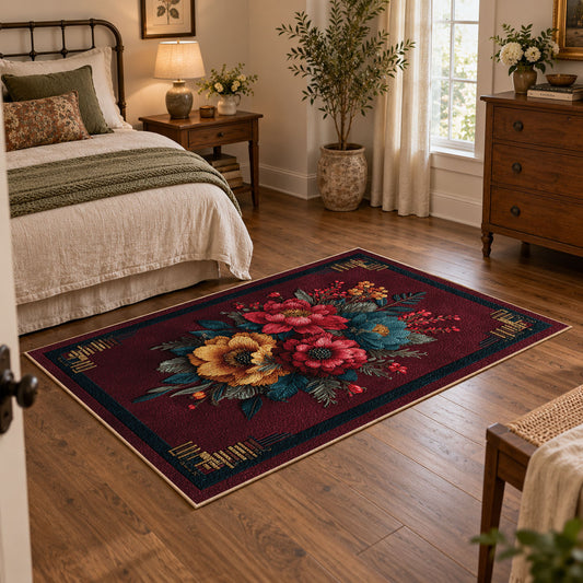 dark burgundy rose bouquet vintage floral area rug, featured room view
